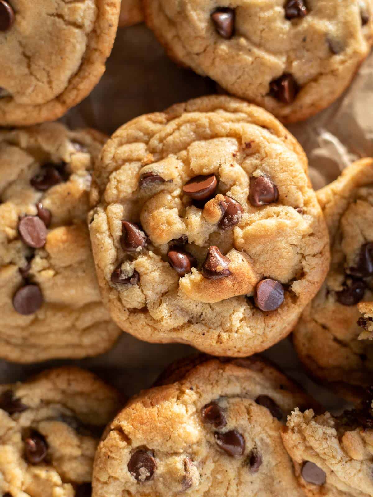 overhead photo of brown butter chocolate chip cookies.