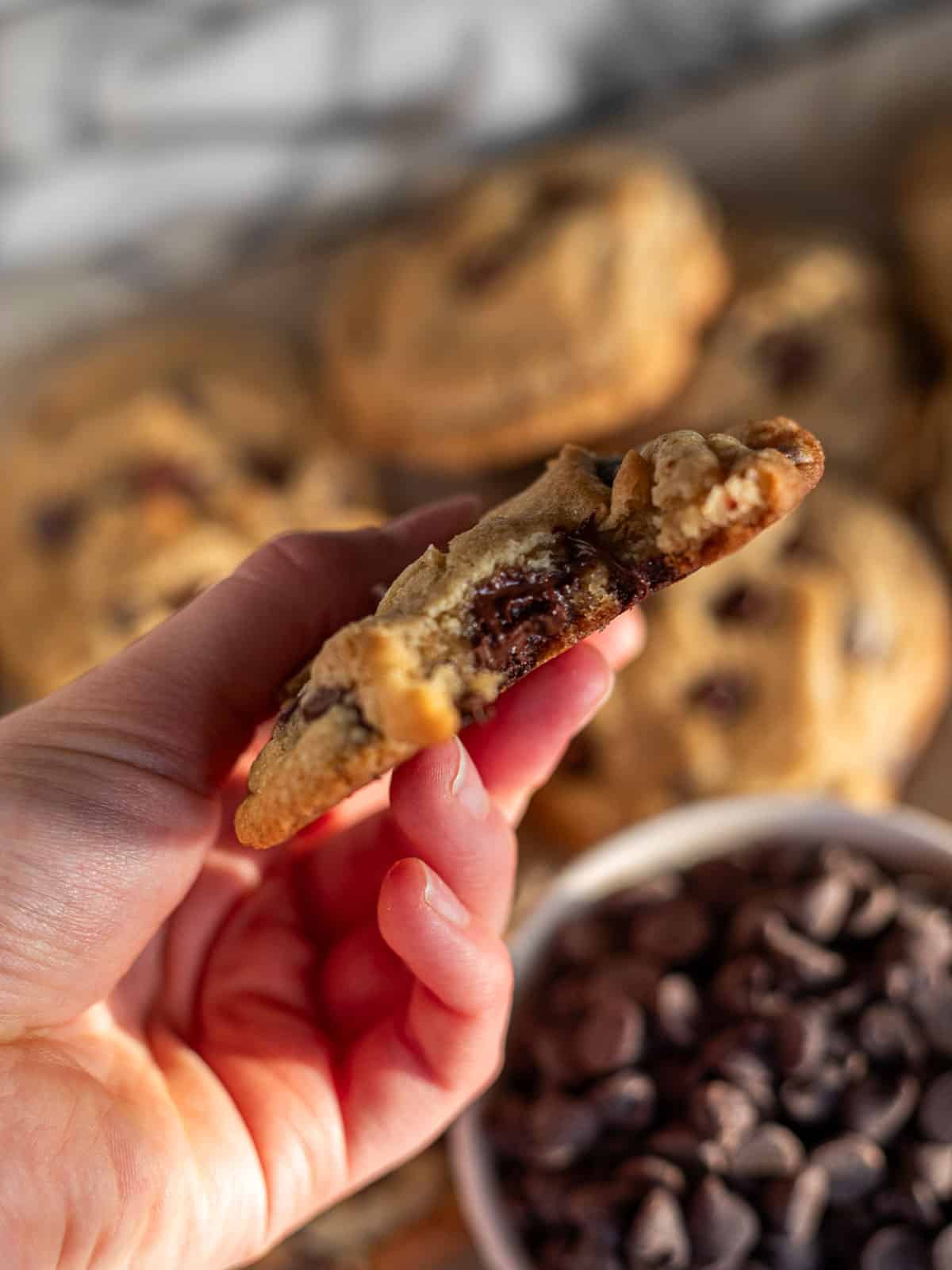hand holding a thick chocolate chip cookie made with brown butter.
