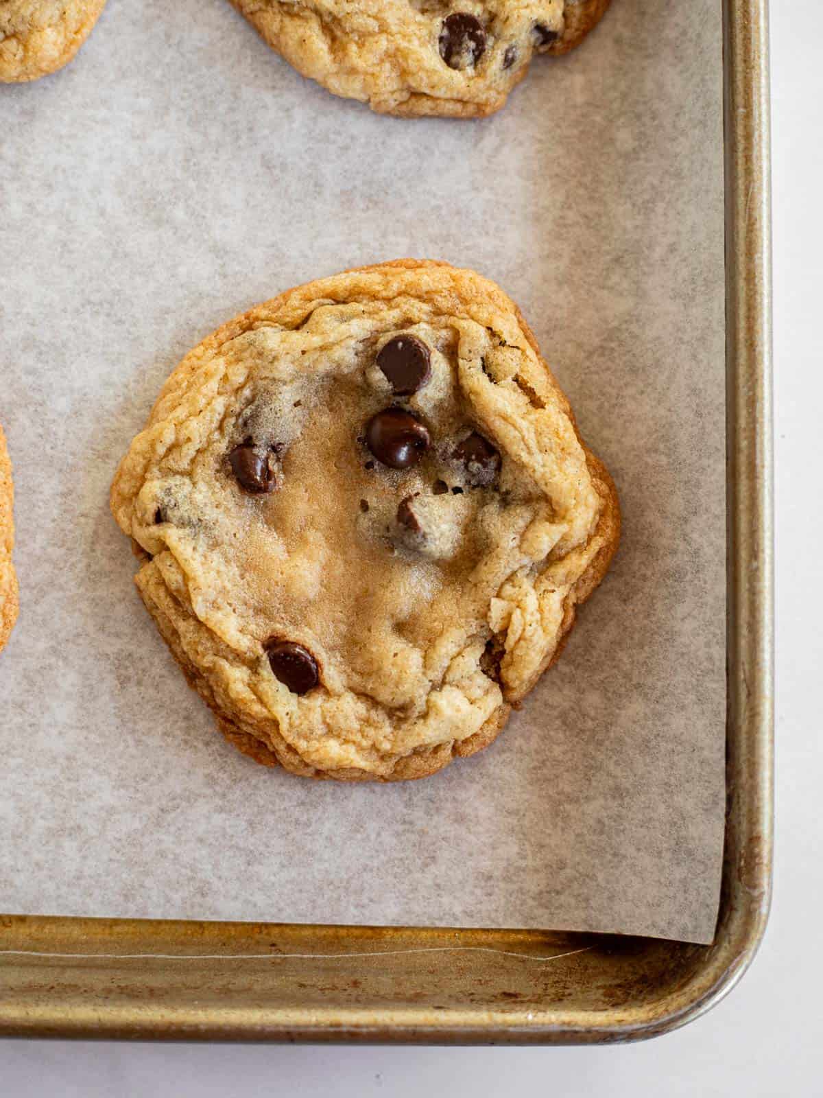 chocolate chip cookies baked in 15 minutes on parchment paper.