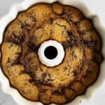 Baked buttermilk marble bundt cake in the pan.