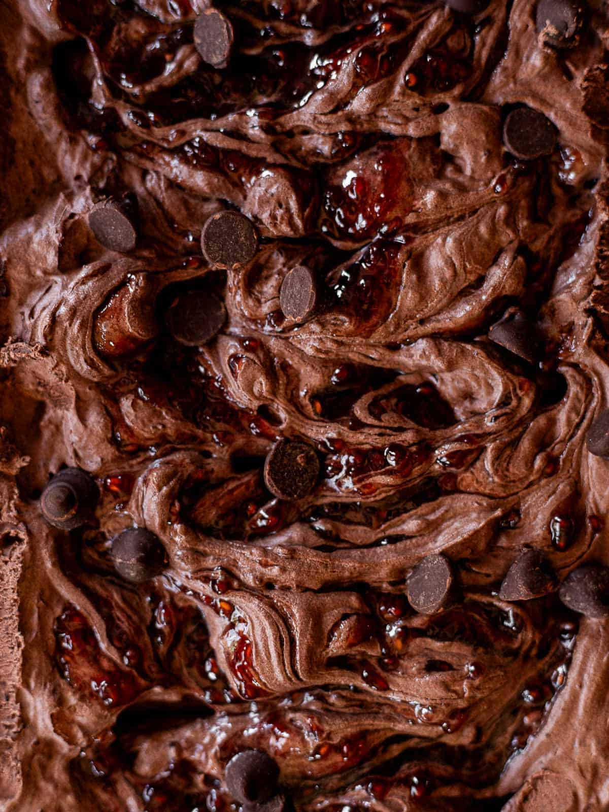 macro shot of dark chocolate raspberry ice cream.