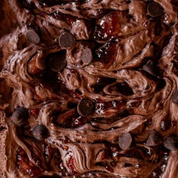 macro shot of dark chocolate raspberry ice cream.