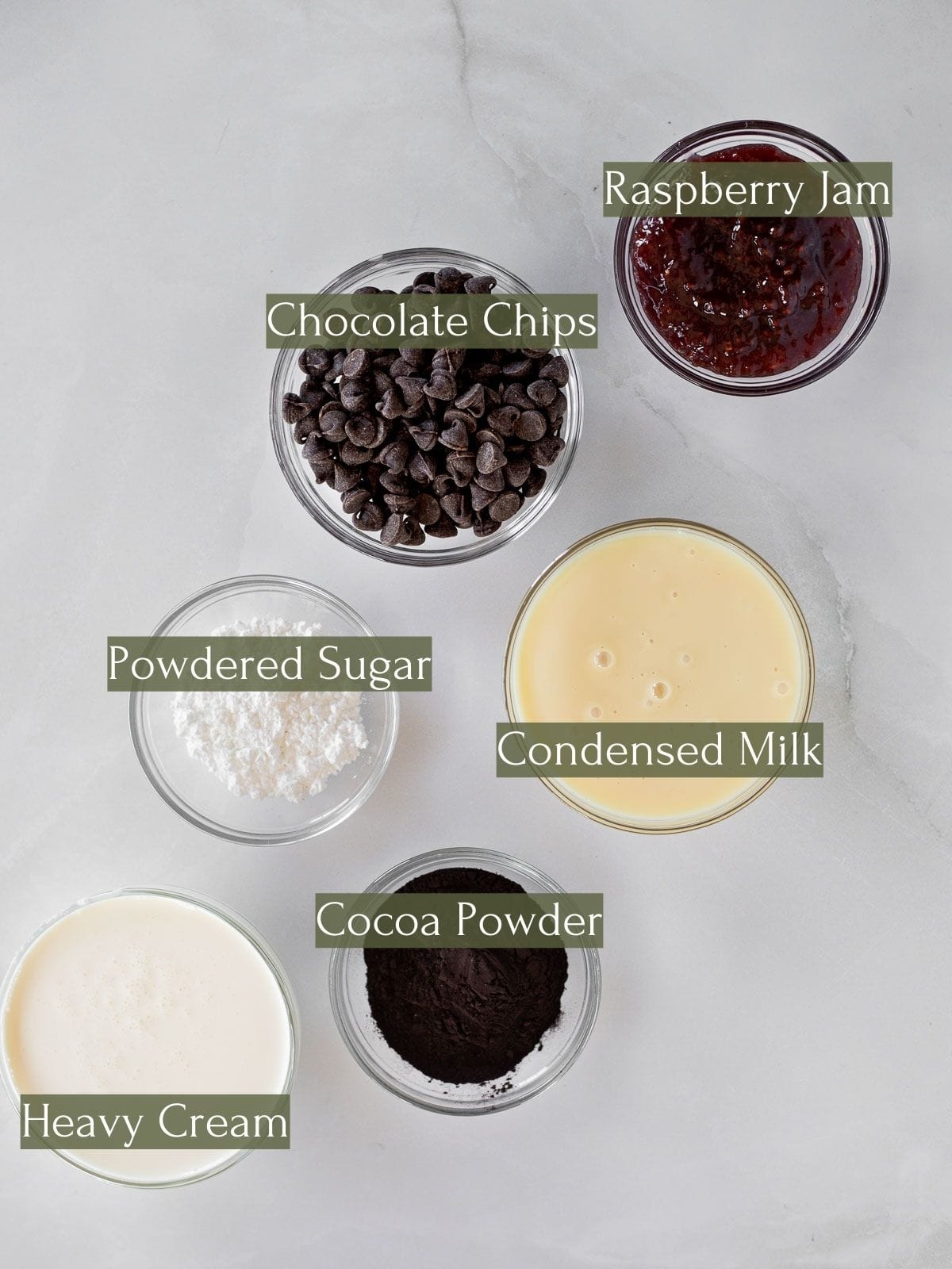 ingredients to make no-churn dark chocolate raspberry ice cream.