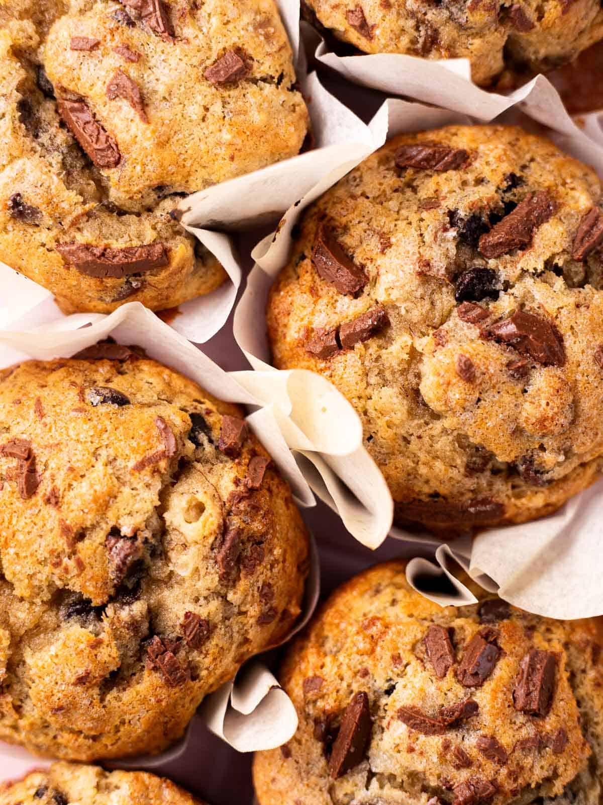 overhead photo of Bakery Style Banana Chocolate Chip Muffins.