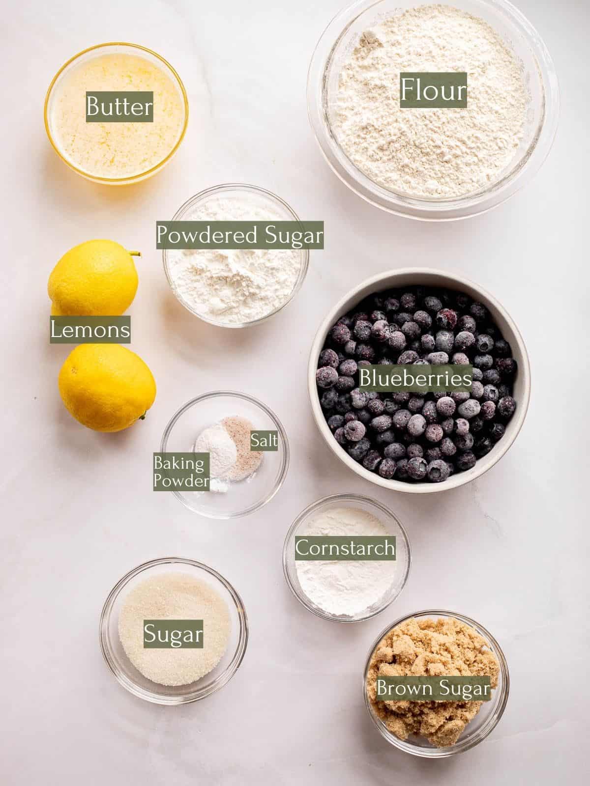 ingredients to make lemon blueberry shortbread bars labeled with green text boxes.